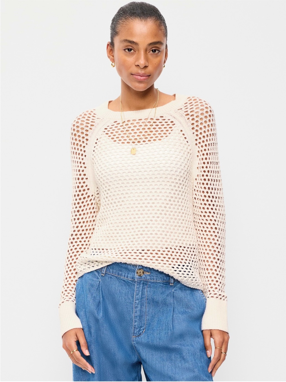 NWT Old Navy Seaside Cotton Open Knit Raglan Sweater Women's Medium Petite